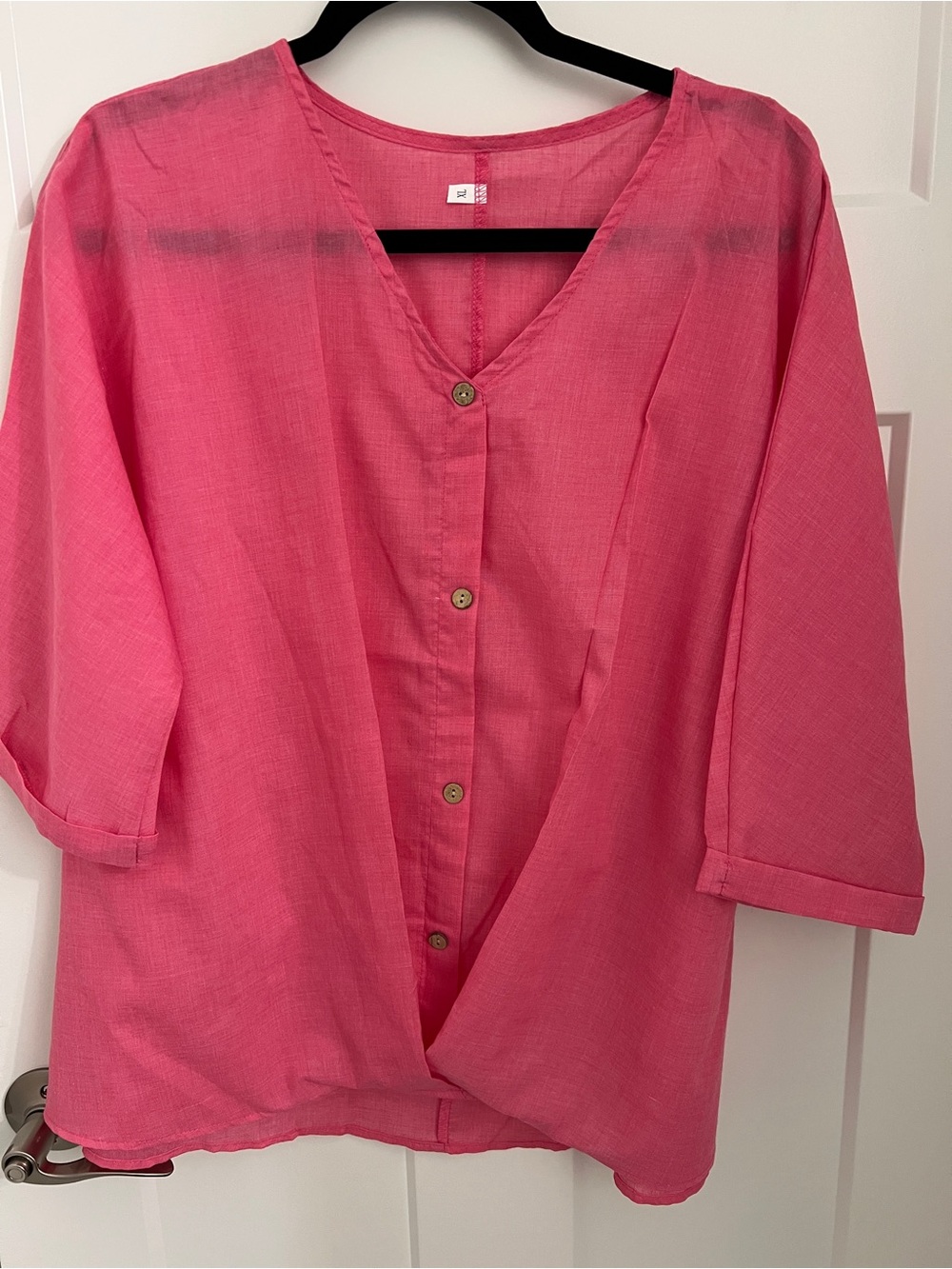 Bright Pink Button-Front V-Neck Blouse